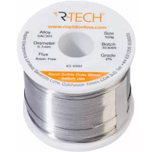 image of 856997 SAC305 Solder 2% Rosin-Free hf Flux Halide-Free 0.7mm 500g Reel - R-tech