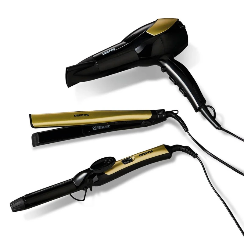 Image of Geepas 3-in-1 Hair Dryer, Hair Straightner & Hair Curler Combo Set in Black/Gold Black/Gold Unisex