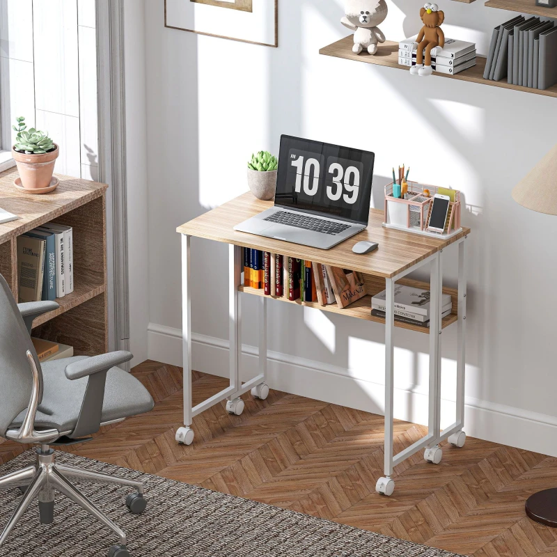 Image of HOMCOM HOMCOM 80cm Foldable Computer Desk on Wheels for Small Spaces Natural Size: Large Natural Large Unisex 5063603945586