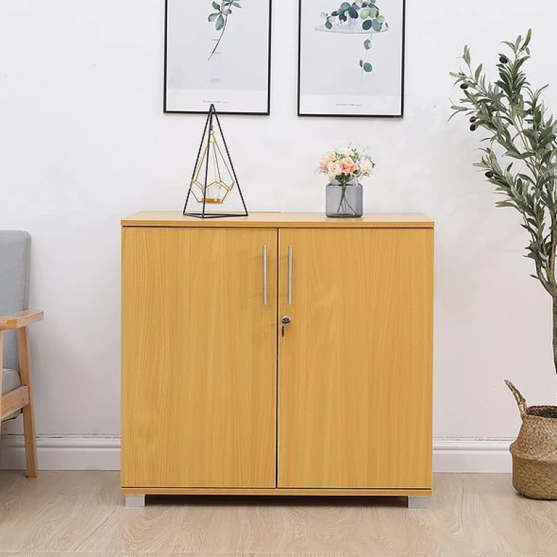 Image of Moderna Storage Cabinet, Beech Wooden, 1 Shelf, Lockable 2 Door, Short Storage Cupboard in Brown Brown Unisex