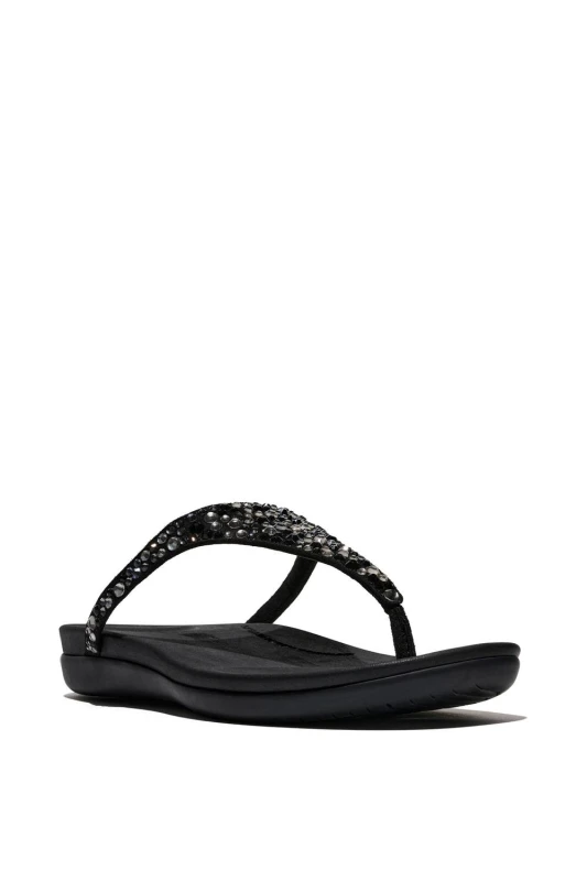Image of FitFlop Womens Solay Mixed-Crystal Toe Post Sandal in Black Size: 8 Black Female 8