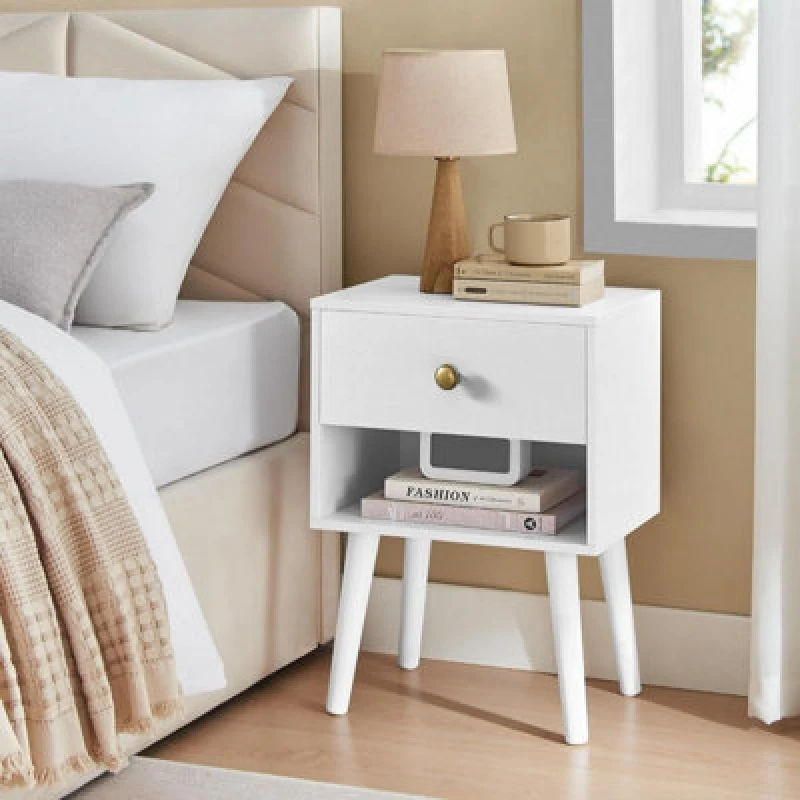 Image of Songmics Vasagle 2 Piece Bedside Table Set, Open Shelf And Drawer, Wooden Legs, Great For Living Room, Bedroom, Or Sofa, Cloud White