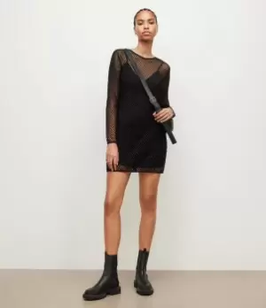 Image of AllSaints Womens Rosalie Embellished Mini Dress, Black, Size: 10