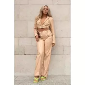 Image of I Saw It First Stone Faux Leather Pintuck Straight Leg Trousers - Brown