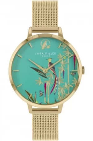 image of Sara Miller Bamboo Garden Ladies Pale Gold Stainless Steel Mesh Strap Avery Forest Bird Green Dial Watch SA4074