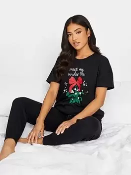Image of PixieGirl Petite Mistletoe Cuffed Pj Set - Black, Size 12-14, Women