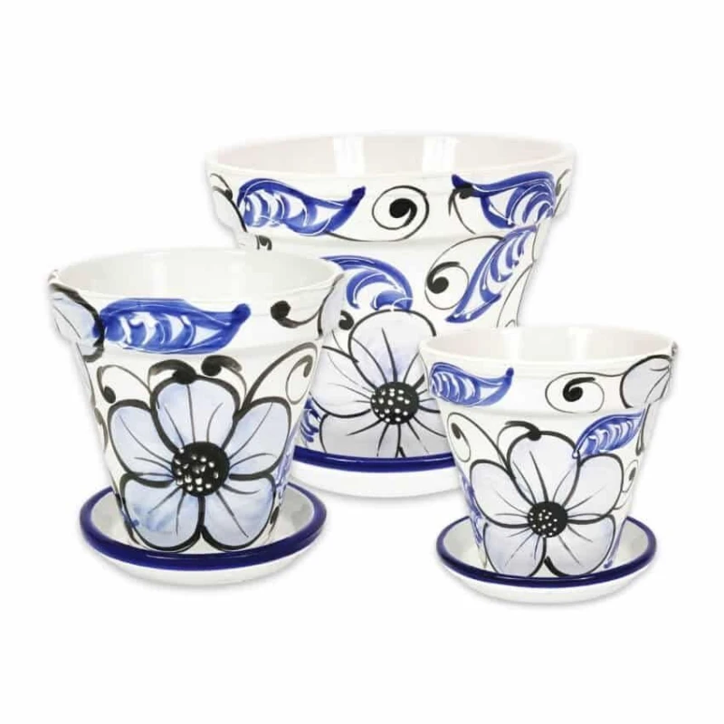 Image of Verano Spanish Ceramics Blue Flowers Hand Painted Set of 3 Classic Pots & Drainage Plates (D) 16-29cm Blue