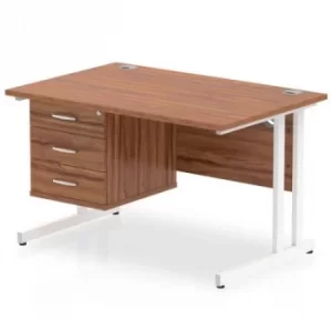 Image of Impulse 1200 Rectangle White Cant Leg Desk WALNUT 1 x 3 Drawer Fixed Ped