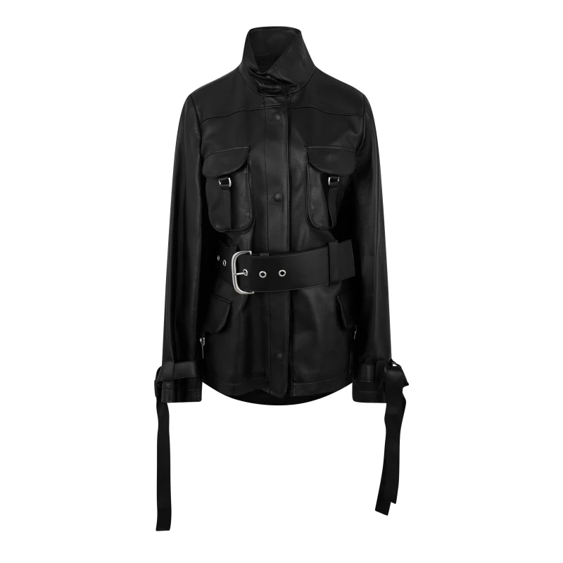 Image of Off White Womens Cargo Belted Leather Jacket Black female 4 (3XS)