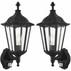 image of 2 pack IP44 Outdoor pir Light Matt Black & Glass Traditional Wall Lantern Motion