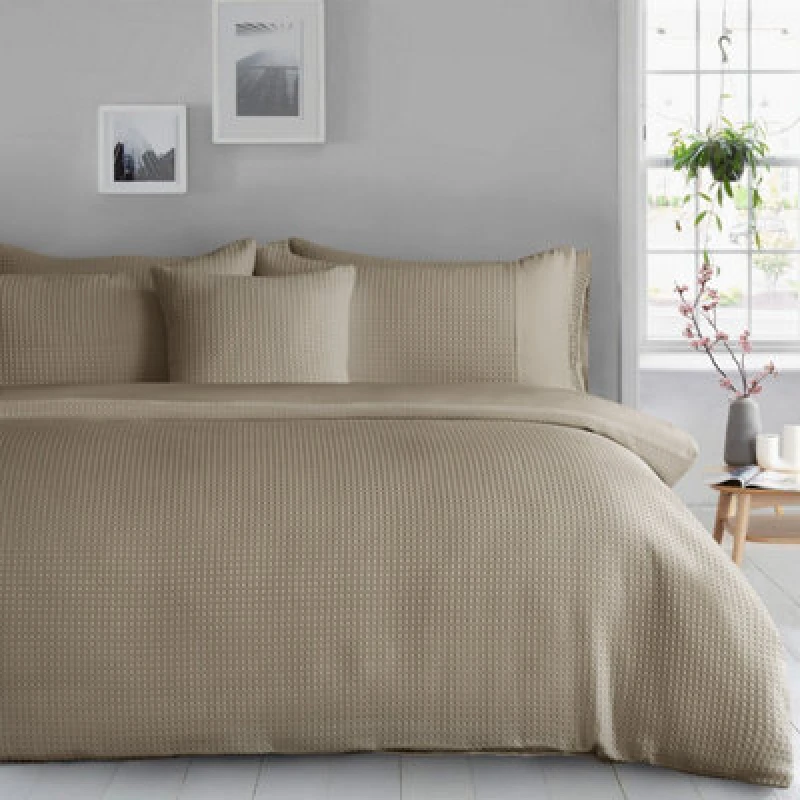Image of Velosso Waffle Weave Duvet Cover Set With Pillowcases, Button Enclosure Textured Duvet, Easy-Care Quilt Cover - Natural