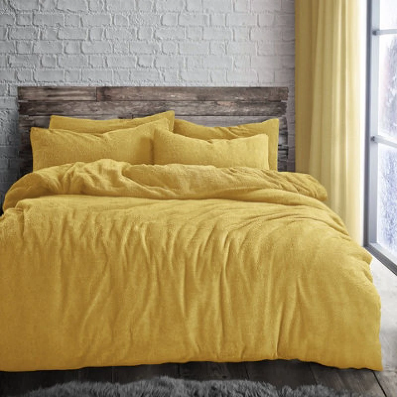 Image of Velosso Teddy Fleece Duvet Cover & Pillowcase Set - Button Enclosure, Machine Washable Bedroom Essentials - Ochre