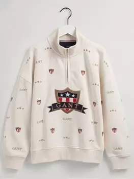 image of Boys, Gant Kids Banner Shield Half Zip Sweat Top - Cream, Size 15 Years