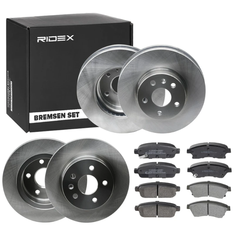 Image of RIDEX 3405B1733 Brake disc and pads set Front Axle, Brake Disc Type: internally vented, with acoustic wear warning Brake Set,disc brakes (3405)