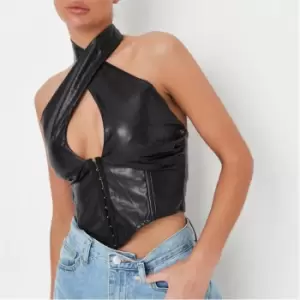 image of Missguided Faux Leather Halterneck Corset Top - Black