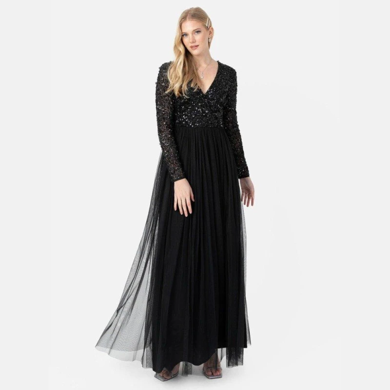 Image of Maya Deluxe Maya Faux Wrap Front Embellished Maxi Dress Black female 6 (2XS)
