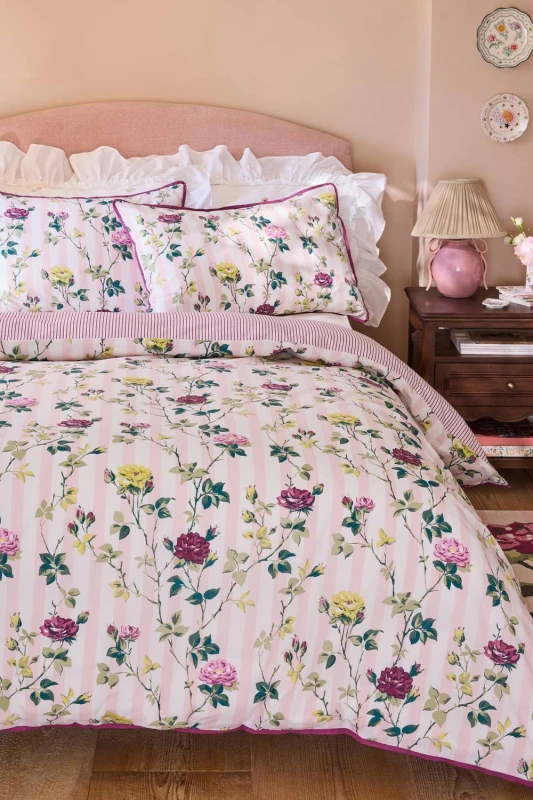 Image of Cath Kidston 'Climbing Rose Stripe' Reversible Cotton Duvet Cover Set in Pink Size: Super King Pink Unisex Super King