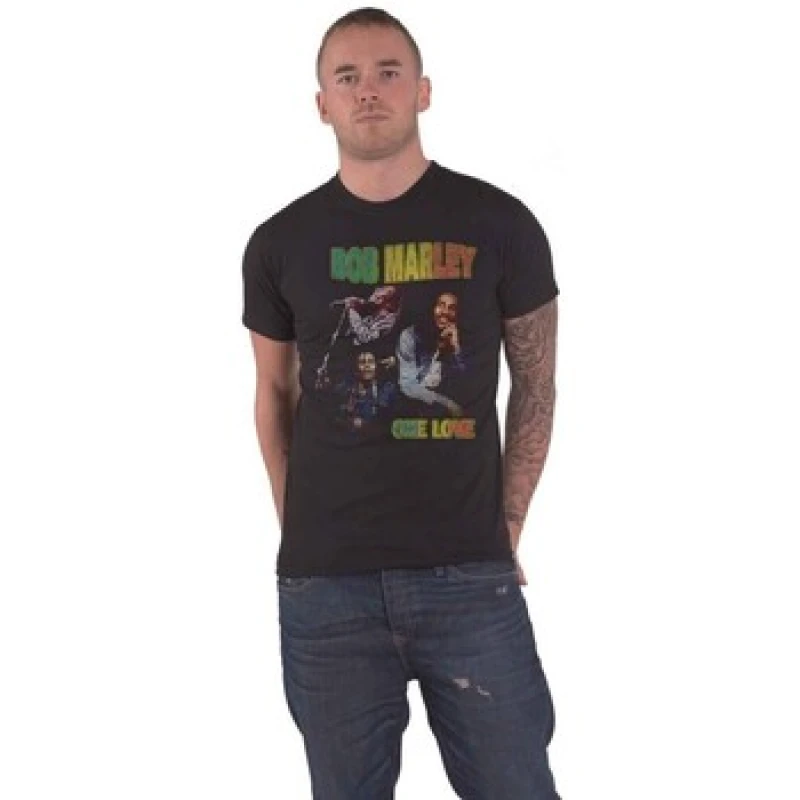Image of Bob Marley Bob Marley Men One Love Homage T-Shirt in Black Size: large Black L Male 5063300084243