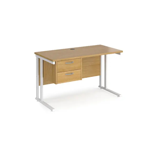 image of Maestro 25 Oak Straight Desk with 2 Drawer Pedestal and White Cantilever Leg Frame - 1200mm x 600mm