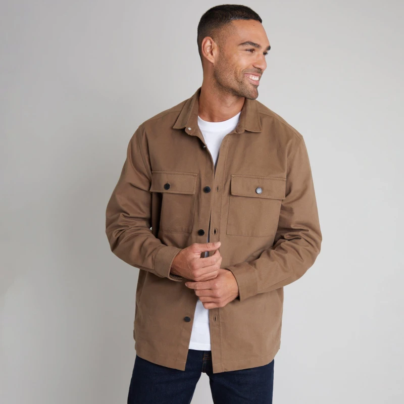 Image of Threadbare 'Church' Cotton Twill Button Up Shacket Brown