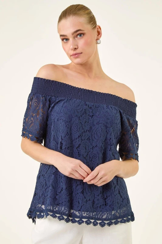 Image of Roman Womens Lace Detail Bardot Top in Navy Size: 16 Navy Female 16