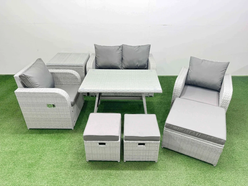 Image of Fimous PE Wicker Rattan Garden Furniture Set Reclining Chair Love Sofa in Light Grey Light Grey Unisex
