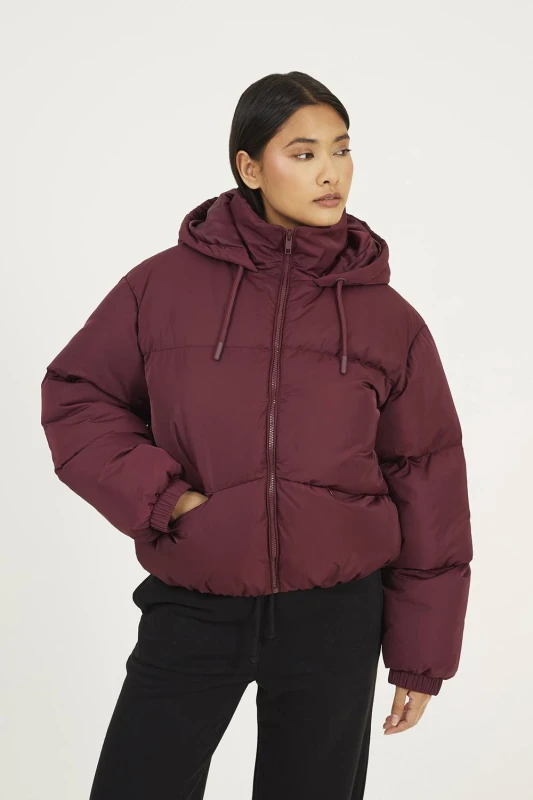 Image of Brave Soul Womens Oversized Fit Short Puffer Jacket with Hood Short Puffer Jackets 16 (XL) Red 66319008470