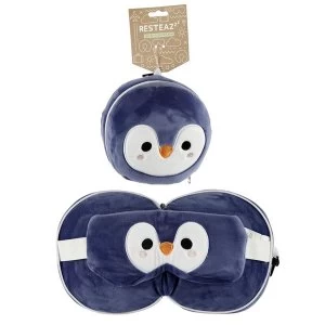 image of Relaxeazzz Plush Cutiemals Penguin Round Travel Pillow & Eye Mask