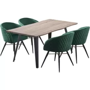 Image of 5 Pieces Life Interiors Vittorio Rocco Dining Set - a Walnut Rectangular Dining Table and Set of 4 Green Dining Chairs - Green
