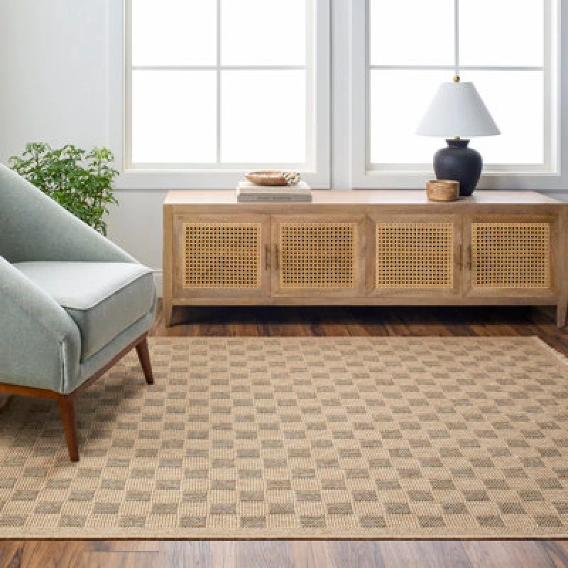 Image of Livabliss In- & Outdoor Cottage Jute-Look Light Brown/black Checkered Tori Area Rug 120 X 170 Cm - Perfect For Balcony Or Dining Room