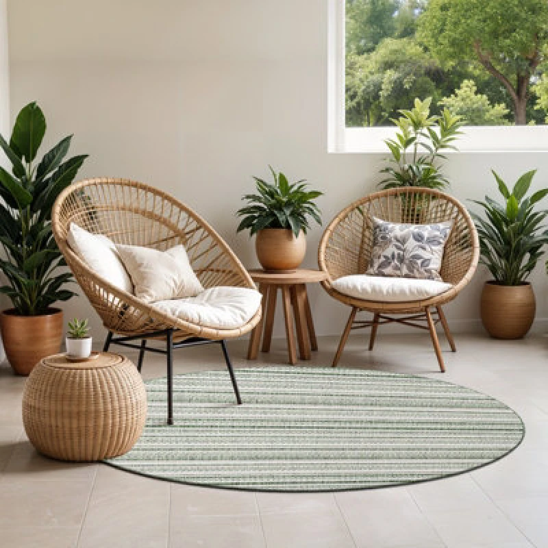 Image of Livabliss Round In- & Outdoor Global Moss Green Kavita Area Rug 160 X 160 Cm - Easy To Clean, Perfect For Balcony, Kitchen Or Dining Room