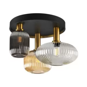 image of Schuller Norma 3 Light Globe Ceiling Light Black, Brass, 3 Crystal Shades, E27