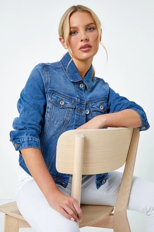 Image of Roman Womens Petite Bleached Denim Jacket in Mid Blue Size: 14 Mid Blue Female 14