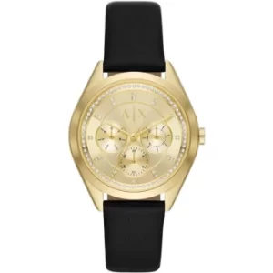 Image of Ladies Armani Exchange Multifunction Black Leather Watch