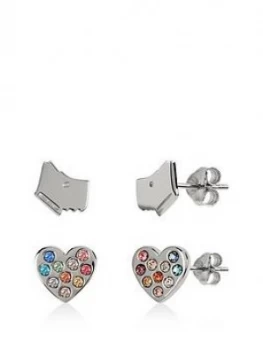 Radley Sterling Silver Dog And Rainbow Crystal Heart Stud Ladies Earrings Set