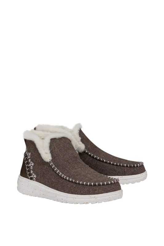 Image of HEYDUDE Womens Denny Wool Faux Shearling Boots in Walnut Size: 4 Walnut Female 4