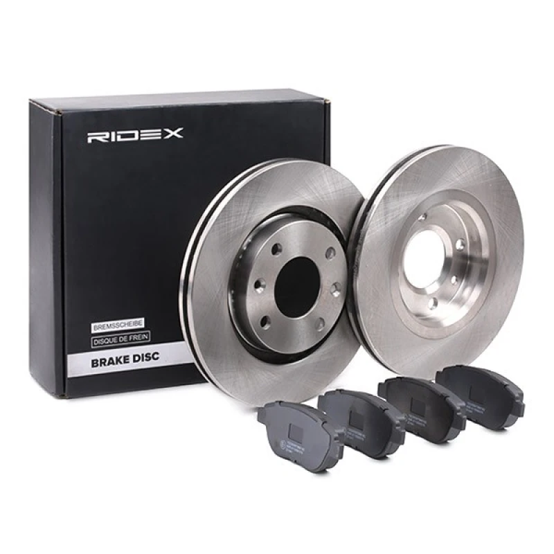 Image of RIDEX 3405B0877 Brake disc and pads set Front Axle, Brake Disc Type: Externally Vented, not prepared for wear warning indicator Brake Set,disc brakes