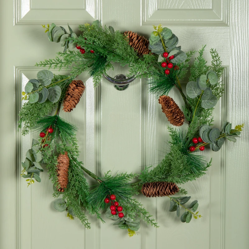 Image of 50cm Hanging Christmas Eucalyptus Wreath with Red Berries and Pinecones