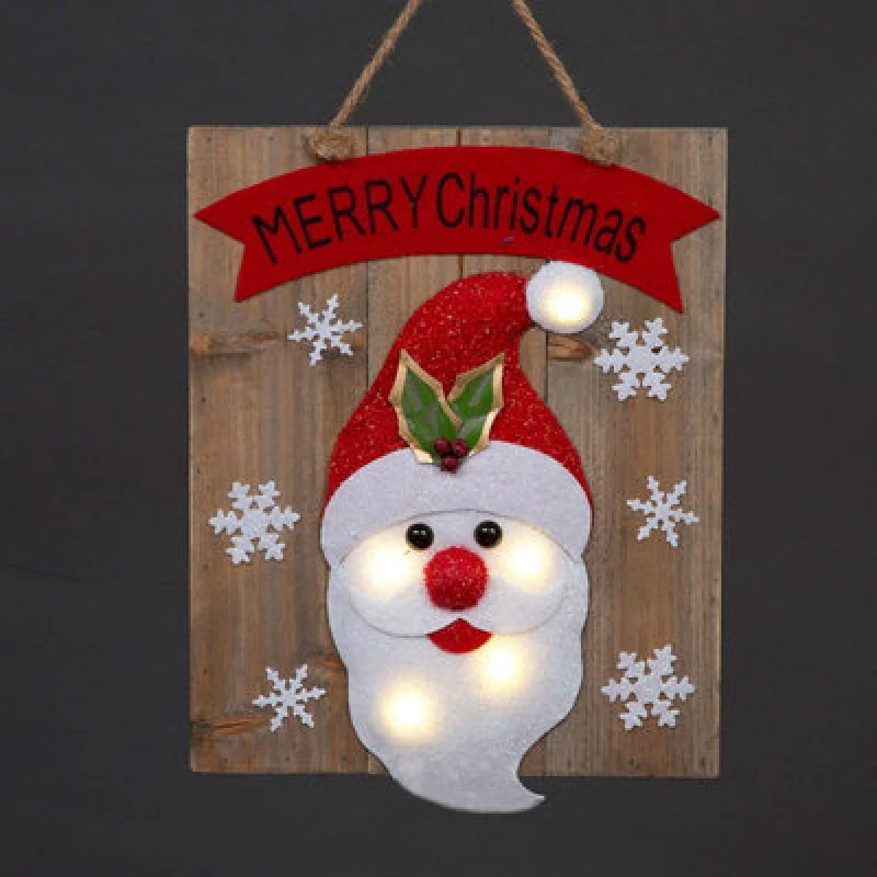 Image of Shatchi Christmas Home Decoration Battery Operated Novelty Santa Wooden Frame Wall Decoration with 6 Small Warm White Bulbs Red