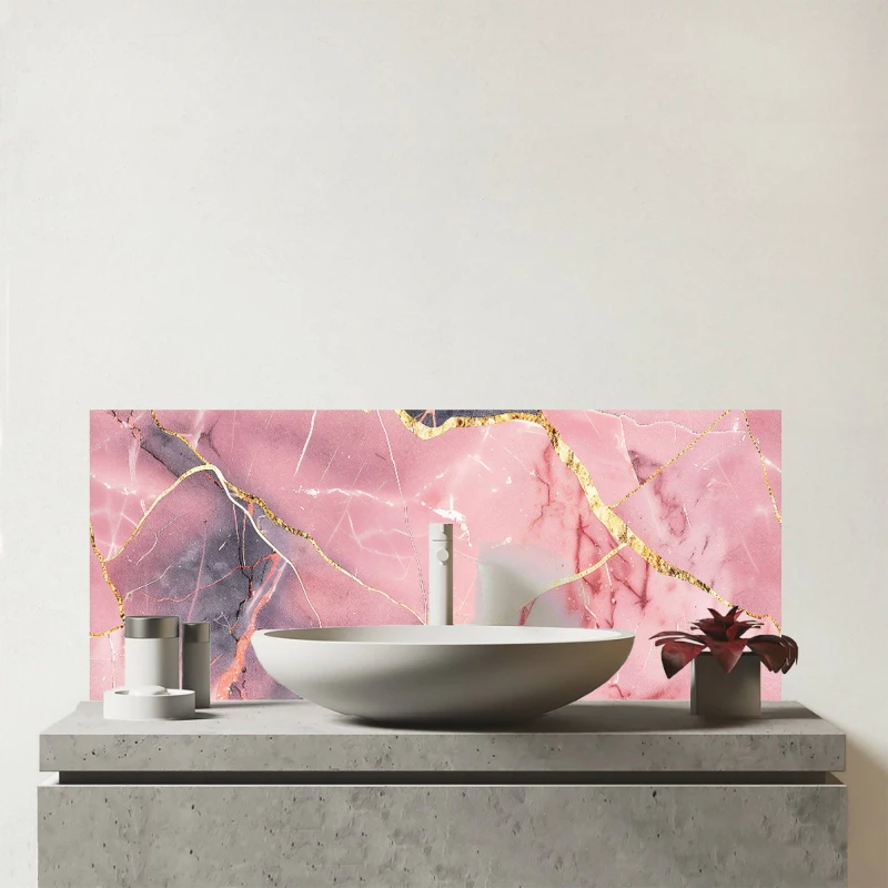 Image of Warren Reed - Designer Rose & Gold Marble Effect Glass Bathroom Splashback in Pink Pink Unisex