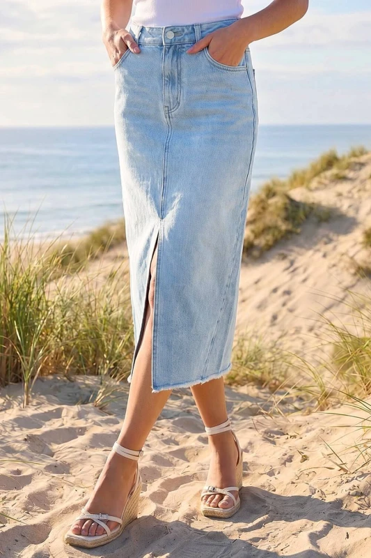 Image of Roman Womens Light Wash Midi Skirt in Mid Blue Size: 12 Mid Blue Female 12