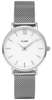 Image of CLUSE Minuit Silver Steel Mesh Bracelet White Dial Watch