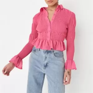 Missguided Shirred Chiffon Frill Blouse - Pink