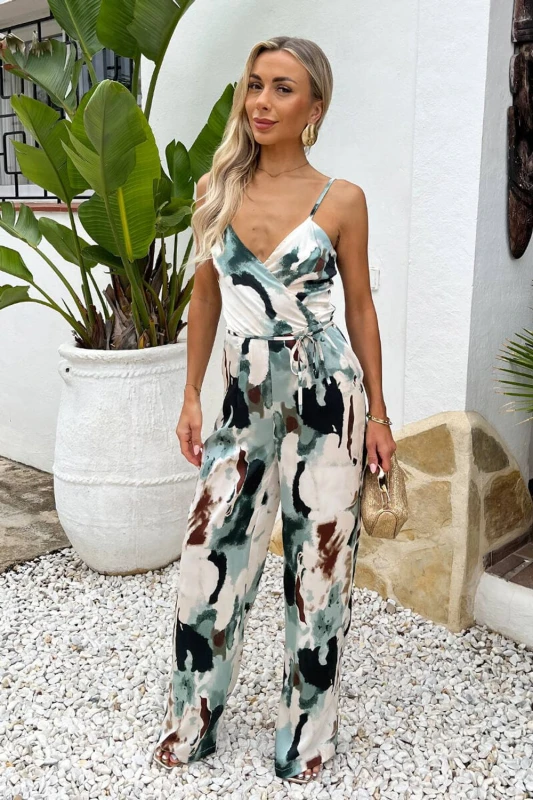 Image of AX Paris Womens Multi Smudge Print Strappy Cowl Neck Jumpsuit Size: 16 Multicolor Female 16