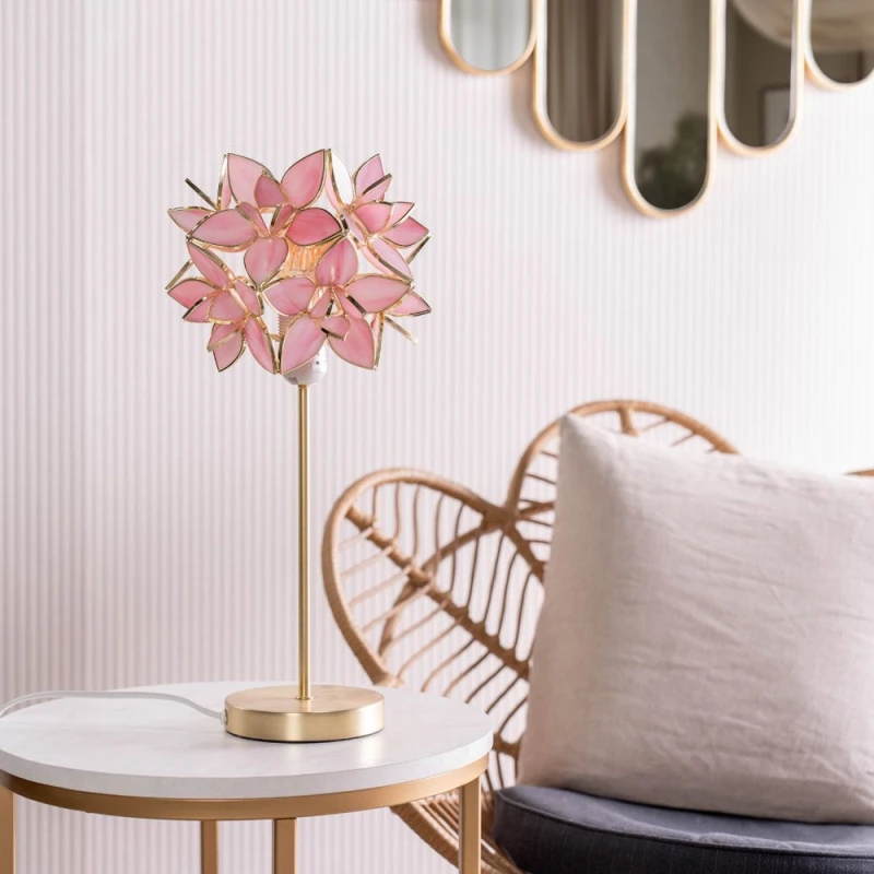 Image of ValueLights Reine Gold Stem Table Lamp with Glass Flower Pendant Bright Pink