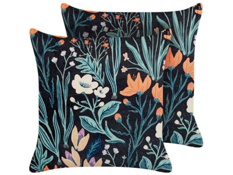 Image of Beliani Set Of 2 Decorative Cushions Osmunda Velvet 45 X 45cm Black Floral Pattern