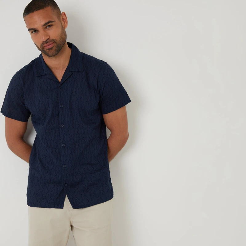 Image of Threadbare Cotton Pluck Textured Short Sleeve Shirt Navy male S