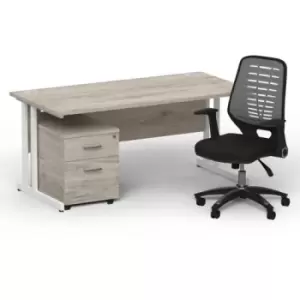 Image of Impulse 1600 x 800 White Cant Office Desk Grey Oak + 2 Dr Mobile Ped & Relay Silver Back
