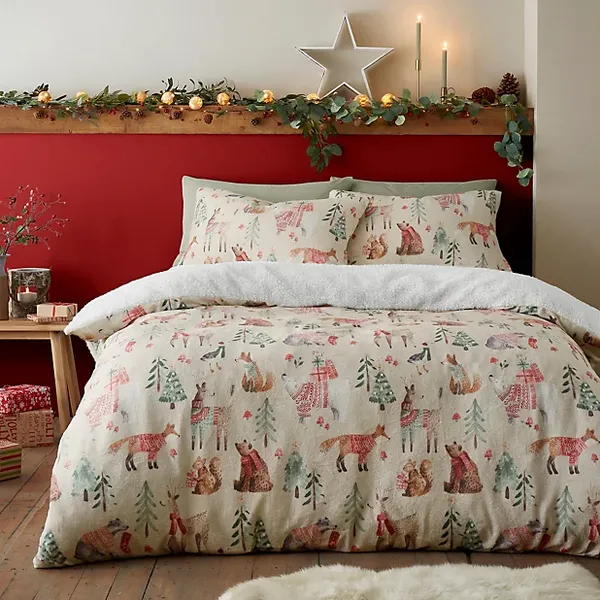 Image of Fusion Christmas Forest Sherpa Fleece Duvet Cover Set Duvet Cover Sets King Beige 38767769050