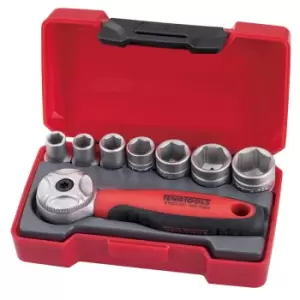 image of Teng Tools T1408 1/4" Drive Stubby 72 Teeth Mini Ratchet & 6pt Socket Set 8pc